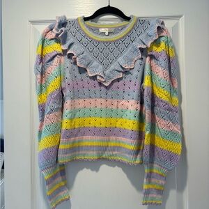 LoveShackFancy Colorful Striped Sweater with Ruffle Detail